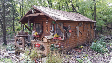 brown garden shed with antiques haning on outside walls